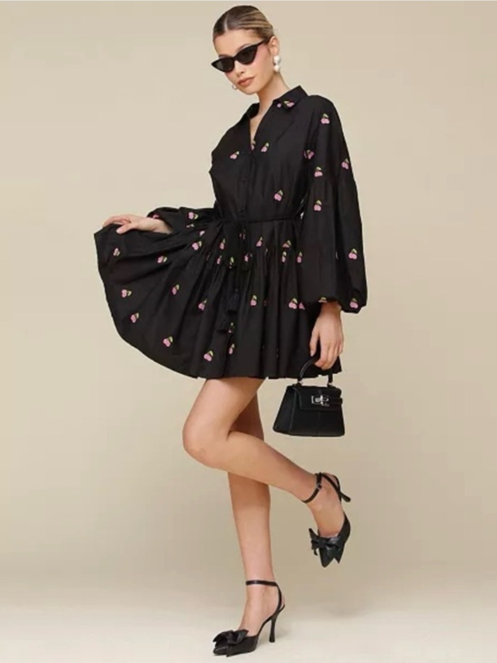Avec Les Filles Black Mini Dress with Pink Cherry 🍒 Embroidery